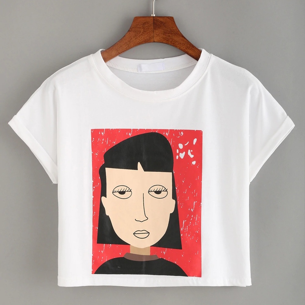 CARTOON PORTRAIT PRINT CROP T-SHIRT